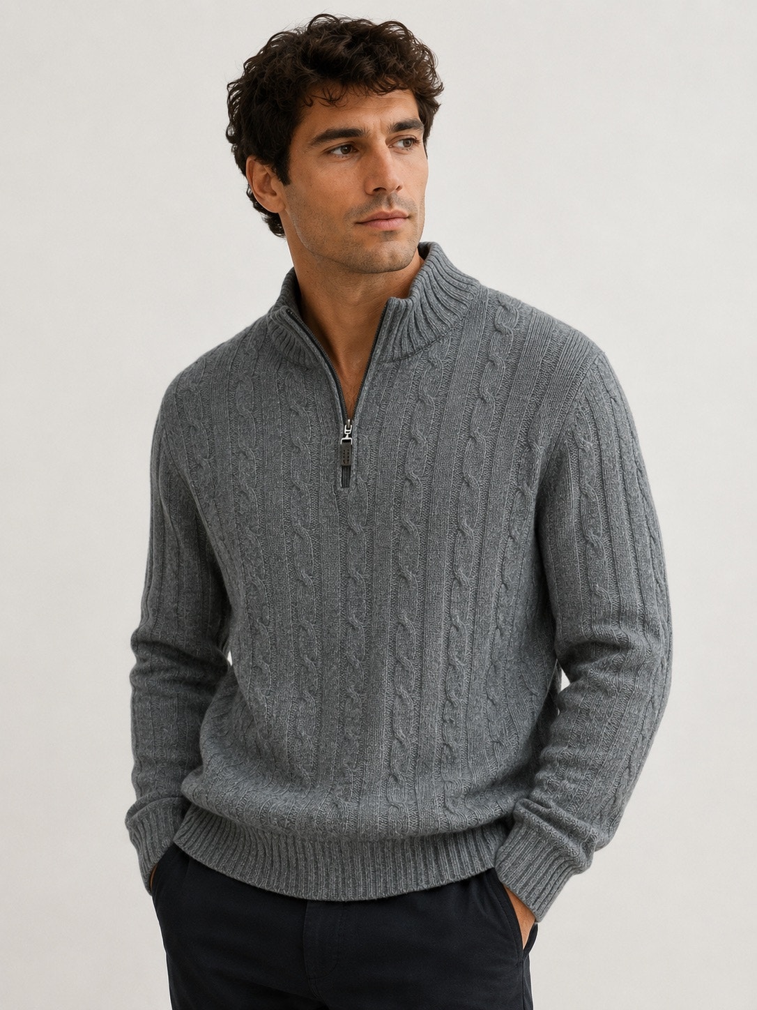 Daniele Blasi Italy Gray Cable Knit Half-Zip Wool Sweater Men’s Medium